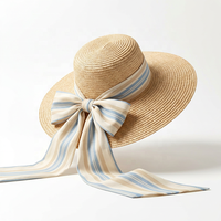Topi Jerami Premium Bertepi Lebar dengan Pita Besar Bergaris, Model Floppy untuk Pesta, Pantai, Liburan Musim Panas, Topi Bunga Elegan