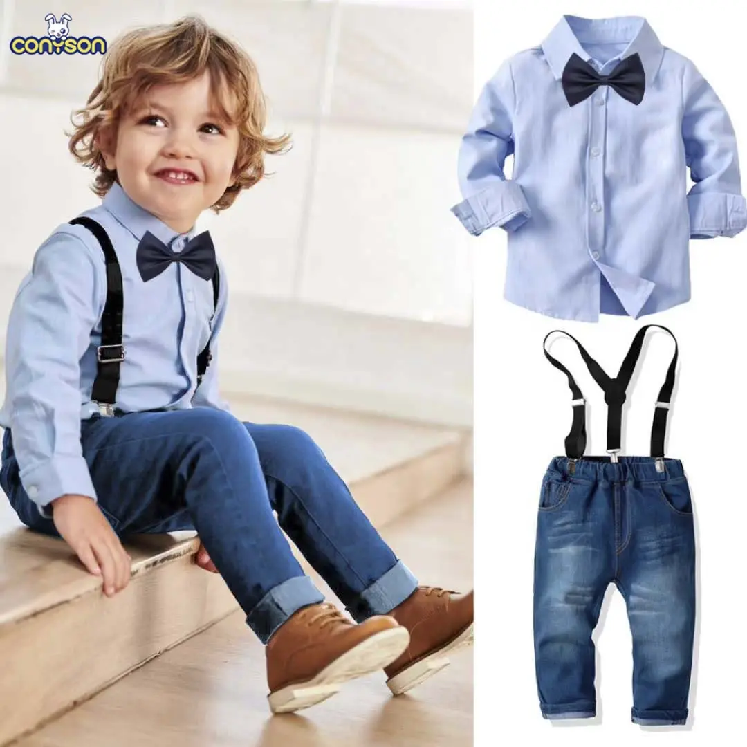 Newest Boys Gentlemen Suits Long-sleeved Collar Shirt Denim Kids Clothing Handsome Set Boys Clothing Sets Jeans 1 -10 Years