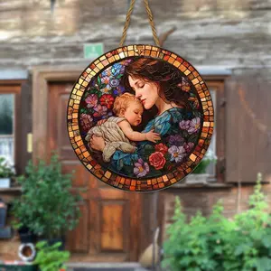 Placa suspensa circular de madeira com logotipo da grande grinalda da mãe, decoração de jardim e casa, presente do Dia das Mães