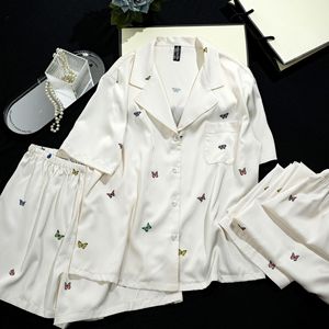 Phụ Nữ Sang Trọng 3 Mảnh Thiết Lập Màu Trắng Ngắn V Cổ Satin Băng Lụa In Bướm Quần Pjs Pyjama Pajama Pijamas Set Cho Phụ Nữ - Product Image 6