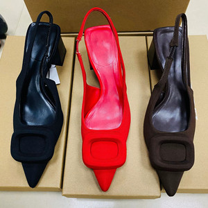 Women's Pointed-toe <b>Block</b>-heel Slip-on High Heels Sandals with Rhinestone Square Buckle and Ankle Strap Mules - Product Image 1