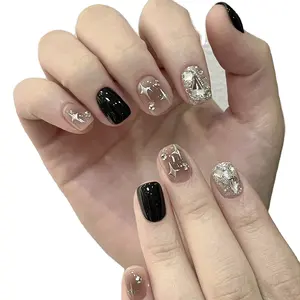 Pure handmade 3d press on nail black flash diamond quadrangle star smudge short handmade press on nail