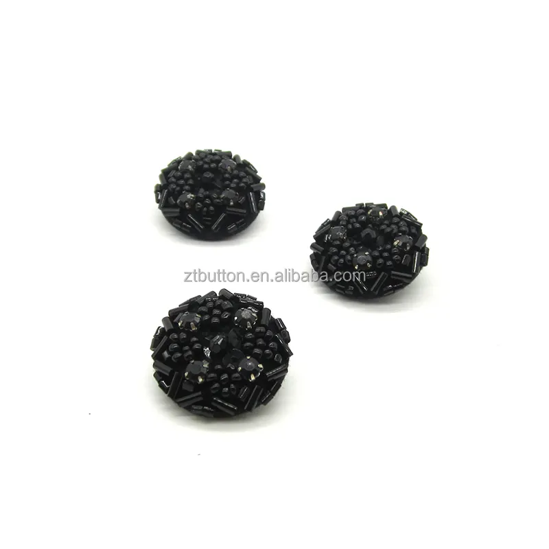 Elegant handmade black plastic shank button beaded plastic with black rhinestone button