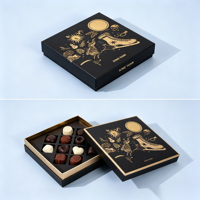 Boîte rigide sur mesure avec couvercle et base, noir mat, estampage à chaud en feuille d'or, gaufrage, 18 compartiments pour chocolats de qualité supérieure