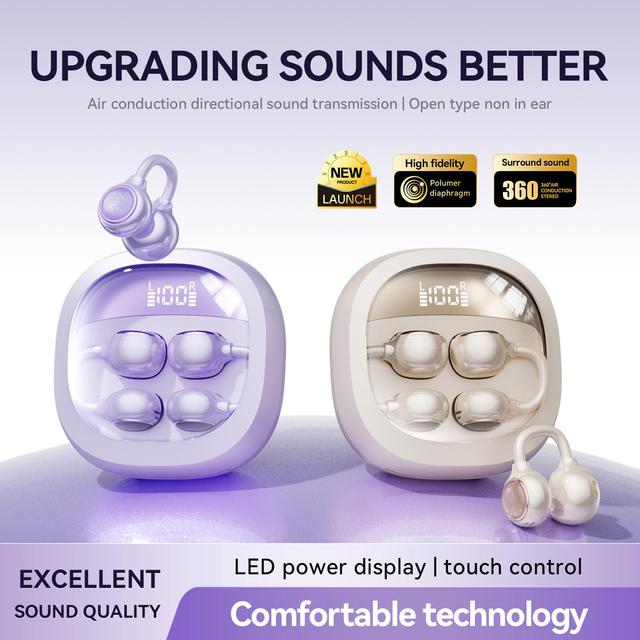 Hot Sales Wireless Ear-Clip Sports-Style Non-In-Ear Design Headphones Transparent Charging Case LED Noise Cancelling Earphones