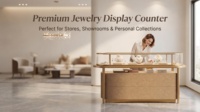 Comptoir de bijouterie ovale de luxe avec vitrine large en verre trempé, cadre doré, étagère ouverte, kiosque de vente au détail, aménagement de magasin personnalisé, éclairage LED