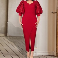 Großhandel Laternenärmel Bleistiftkleid mit Schlitz Damen Ösen-Stickerei Bodycon Elegantes Abendkleid Bankett Brautmutterkleid 2026