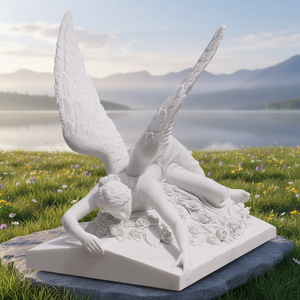 Sculpture commémorative extérieure en marbre blanc sculpté à la main, taille réelle, ange tombé, pierre naturelle, pierre tombale personnalisée - Product Image 4