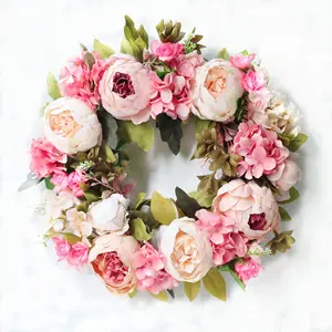 Couronne artificielle de pivoine, décoration murale pour porte de maison, décor de fleurs en soie faite à la main, H287, 1 pièce