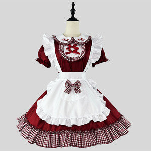Sweet Lolita Maid Dress Wine Red With Checkered Trim Cosplay Costume For Anime Role Play - Product Image 1