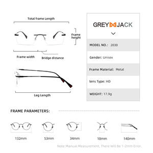 Monturas de gafas sin montura Grey Jack, montura mediana de aleación metálica, gafas ópticas de negocios para hombre con bordes biselados para uso con miopía - Product Image 2