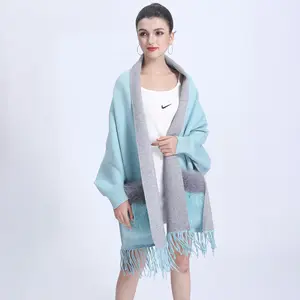 Genuine Detachable Fur Trim Winter Pashmina Shawl For Women