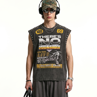 Débardeur Homme Vintage Lavé 100% Coton avec Rivets, Imprimé Graphique Rétro Streetwear, Coupe Oversize en Maille