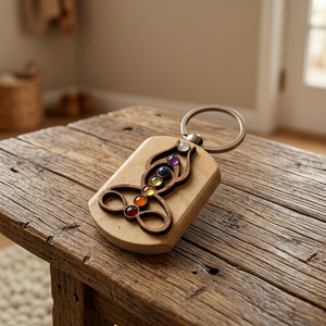 Wood Carabiner Keychain with Chakra Stones Buddha Design Engraving Feature Portable <b>Charm</b>-Crystalexports.com Reiki Key - Product Image 2