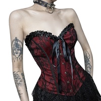 Corsé corto de encaje floral rojo y negro para mujer, estilo gótico victoriano, con volantes y lazo frontal, cierre de busk.