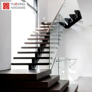 Modern Wood Tread Single Stringer Staircase High Quality Indoor Glass Step Straight Stairs
