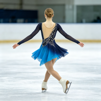 Robe de patinage et de danse bleu marine dégradé pour enfants et adultes, à manches longues en maille, avec strass et jupe en mousseline, pour compétition et spectacle de patinage sur glace