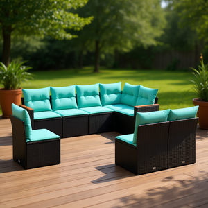 ชุดโซฟาลานบ้านหวายโพลีสีดำ 8 ชิ้นพร้อมเบาะรองนั่ง เฟอร์นิเจอร์กลางแจ้ง สไตล์ร่วมสมัย ที่นั่ง 8 คน - Product Image 2