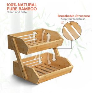 Double Layer Bamboo Fruit Rack With Drainage <b>Kitchen</b> Countertop Storage Vegetable Basket Eco Friendly Square Design - Product Image 2