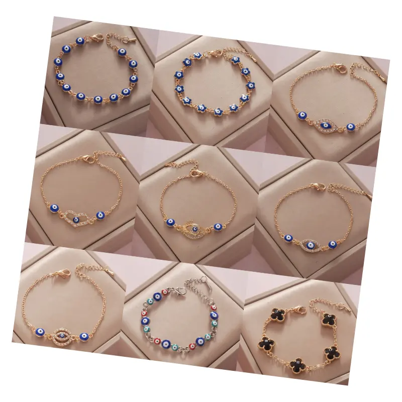 Atacado 2023 Trendy Jóias Acessórios Mulheres Pulsera Banhado A Ouro Sorte Quatro Trevos Azul Turco Evil Eye Charm Bracelets