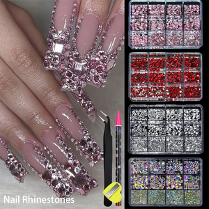 Diamantes de imitación para uñas, 12 rejillas, abalorios de <span class=keywords><strong>cristal</strong></span> multiforma con bolígrafo, diamantes de imitación para uñas, rosa y roja - Product Image 2