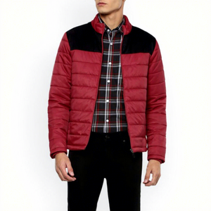 Men's Red Black Color Block Puffer Jacket Stand Collar Zipper Closure Windproof Casual Winter Jacket Regular Sleeve - Product Image 2