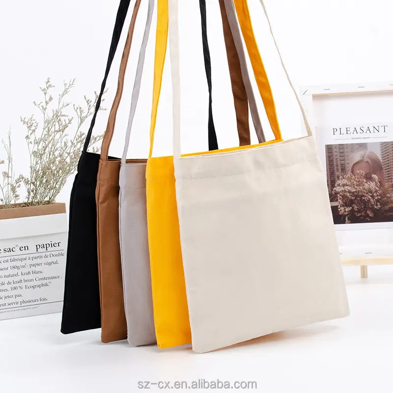 2023 Moda Durável Estilo Casual Bulk Único Ombro Messenger Canvas Bag Plain Organic Cotton Canvas Sacola para Mulheres Menina