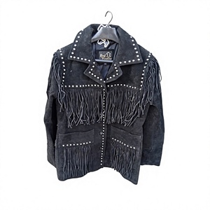 Rao Black <b>Suede</b> Fringe Motorcycle <b>Jacket</b> with Studs Turn-down Collar Breathable Lightweight Autumn Style - Product Image 1
