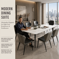Ensemble de table à manger contemporaine en pierre frittée brillante pour 6 personnes avec bord carré bombé, meubles de salle à manger pour maison, villa, hôtel