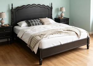 Premium <b>Queen</b> <b>Size</b> Black Wood Spindle <b>Bed</b> With Scalloped Wave Headboard For Vintage Bedroom - Product Image 5