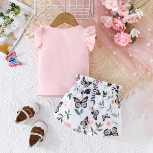 Conjunto Deportivo Casual de Dos Piezas para Niñas, Top con Mangas Volantes, Shorts Sólidos, Transpirable, Suave, Multicolor - Product Image 2