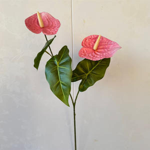 زهرة أنثوريوم اصطناعية مصنوعة يدويًا فرع زهرة أنثوريوم برأسين نبات أخضر أوراق الشجر لحفلات الزفاف في عيد الميلاد زهور عيد رأس السنة الجديدة - Product Image 5