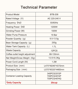 Cafetera Automática Programable BTB-205 para Uso Doméstico y Hotelero, Acero Inoxidable, 19 Bares, Depósito de Agua Oculto - Product Image 6