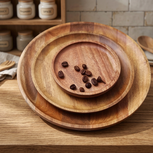 Ensemble d'assiettes rondes en bois, design minimaliste fait main, vaisselle en bois massif pour les fêtes - Product Image 2