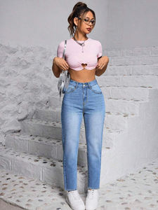 Livraison Gratuite aux États-Unis – <span class=keywords><strong>Jean</strong></span> Boyfriend Femme Grande <span class=keywords><strong>Taille</strong></span> Jambe Droite Délavé Blanc pour Maman Fille - Product Image 5