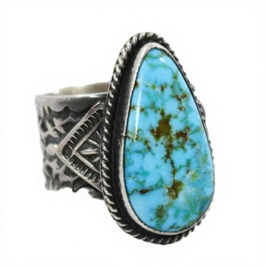 925 Sterling Silver Luxury <b>Ring</b> with Hand-Stamped Designs and Natural Kingman Turquoise From Arizona for Wedding & <b>Engagement</b> - Product Image 2