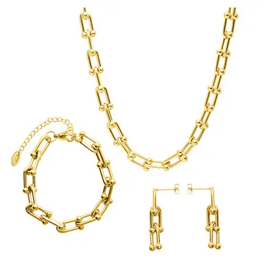 Punk Hip-hop Coarse Gold Chunky Horseshoe Buckle U Shaped Shackle Chain Clavicle Joint Necklace Bracelet Earrings Stud Set