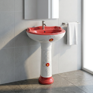 Juego de lavabo de cerámica con estampado de flores, lavamanos con Pedestal, para uso doméstico, baño, artículos sanitarios, OEM, Color naranja - Product Image 4
