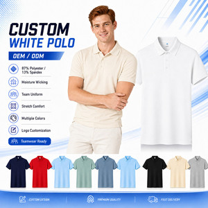 เสื้อโปโลสีขาวแบบกำหนดเองสำหรับผู้ชาย แขนสั้น 87% โพลีเอสเตอร์ 13% สแปนเด็กซ์ ระบายเหงื่อได้ดี รับผลิตแบบ OEM ODM ชุดยูนิฟอร์มทีม พร้อมส่ง - Product Image 1