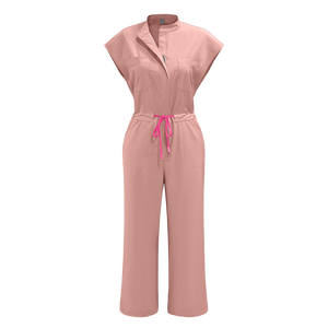 Mono rosa personalizado 42388 unisex de lujo para clínicos, uniforme de salón con cremallera, cintura con lazo y pierna recta - Product Image 1