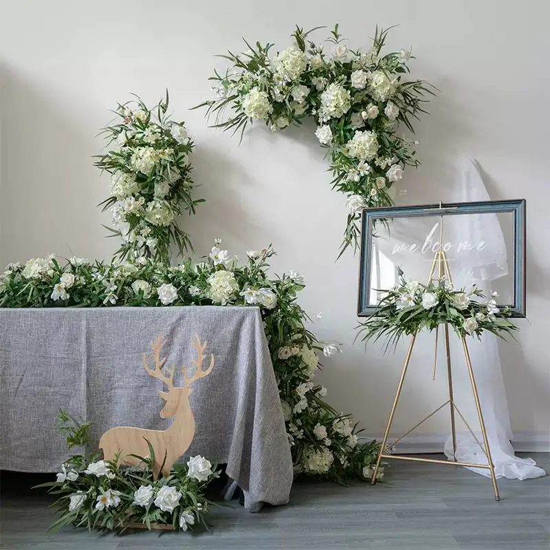Flores brancas de casamento com folhas verdes, flores falsas de cerimônia decoração de cintura floral para receptor