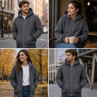 Sweat-shirt à capuche zippé gris pour homme, doublé polaire, épais et chaud, en sherpa, brodé, idéal pour l'automne et les températures froides