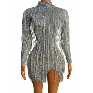 white christmas dresses Plus Size Daily Midi Dresses Casual Silver Fall Winter Crew Neck Long Sleeve Glitter Fabric Midi Dresses main image 0