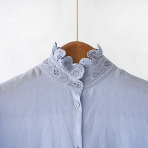 [Tùy chỉnh] Pháp thêu thanh lịch 100 Áo sơ mi vải lanh ren đứng cổ áo đơn ngực màu rắn thanh lịch đi lại hàng đầu - Product Image 3