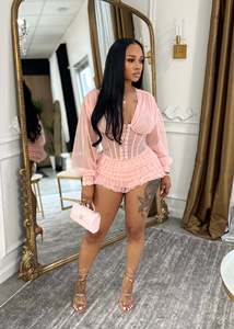 Long Sleeve Romper <strong>Shorts</strong> <strong>Jumpsuits</strong> <strong>for</strong> <strong>Women</strong> Sexy Deep V-neck Waist Cincher Mesh Patchwork Ruffle One-Piece <strong>Jumpsuit</strong> Bodysuits - Product Image 6