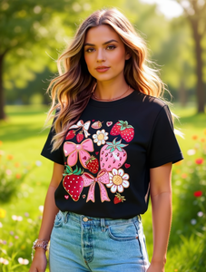 Glissea Camiseta de verano para mujer, manga corta, cuello redondo, estampado de fresas, lazo, corte holgado, 100% algodón jersey - Product Image 2