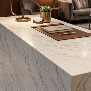 OEM Mitered Edge Waterfall Design Calacatta White Grey Vein Quartz Countertop for Luxury Hotel Kitchen Vanity <b>Top</b> Project - Product Image 4