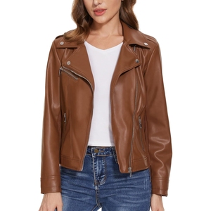 Blouson de motard en cuir véritable pour femme, coupe ajustée, style motard, avec poches zippées, en vente - Product Image 5