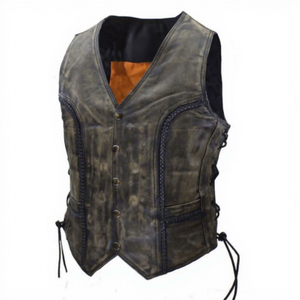 <b>Men's</b> Genuine <b>Leather</b> Moto <b>Vest</b> V-Neck Button Front Regular Fit Autumn Style Solid Color Washed Finish Custom Size - Product Image 1