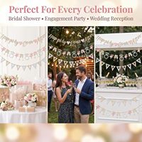 Set Spanduk Happily Ever After, Dekorasi Pernikahan Pink Gold dengan Cincin Berlian & Gelas Sampanye untuk Bridal Shower, Pesta Pertunangan
